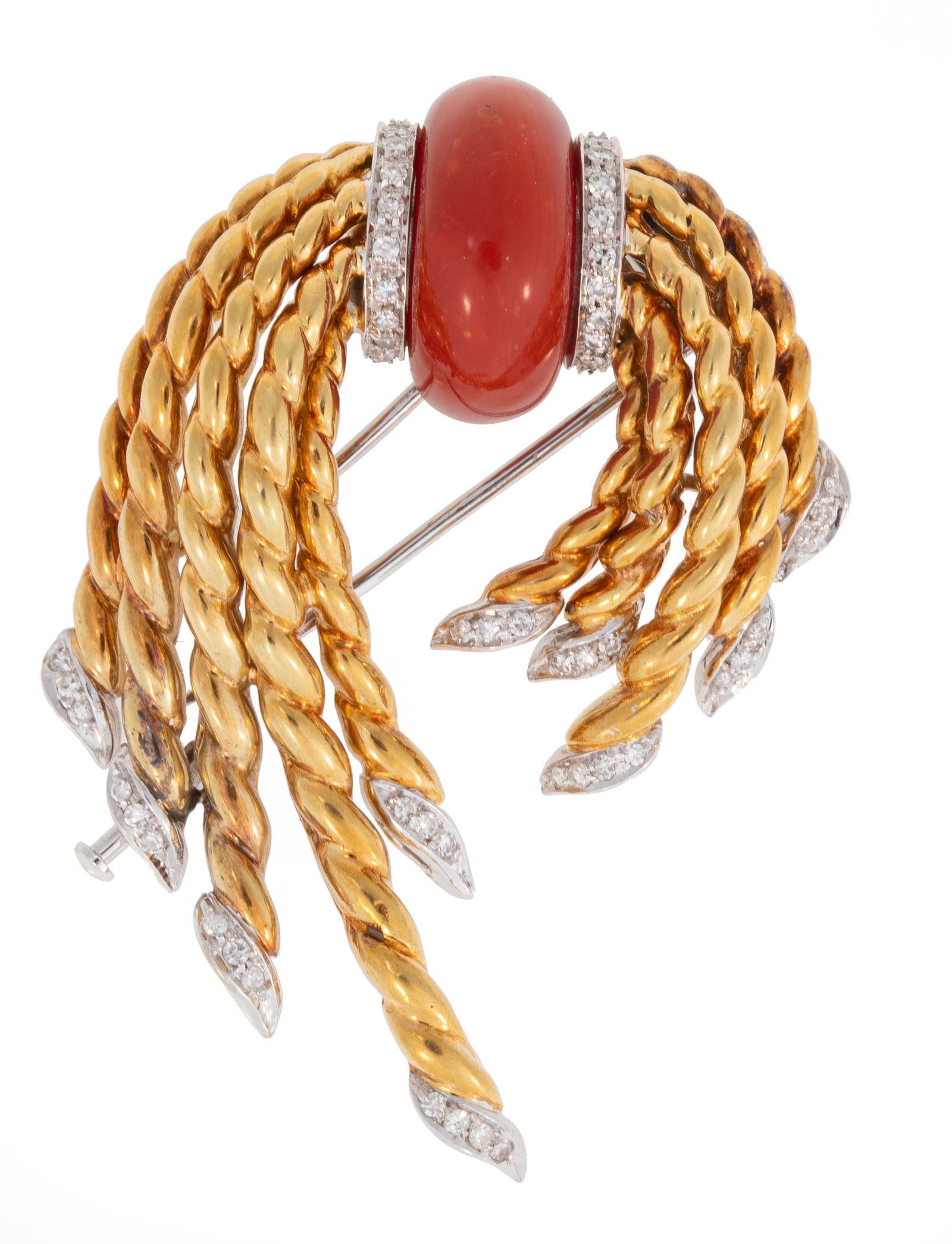 Piaget 18 kt. Yellow Gold, White Gold, Coral and Diamond Clip Brooch: Piaget 18 kt. Yellow Gold, White Gold, Coral and Diamond Clip Broochmarked "Piaget 750", l. 2 1/2 in., 20.72 dwts.