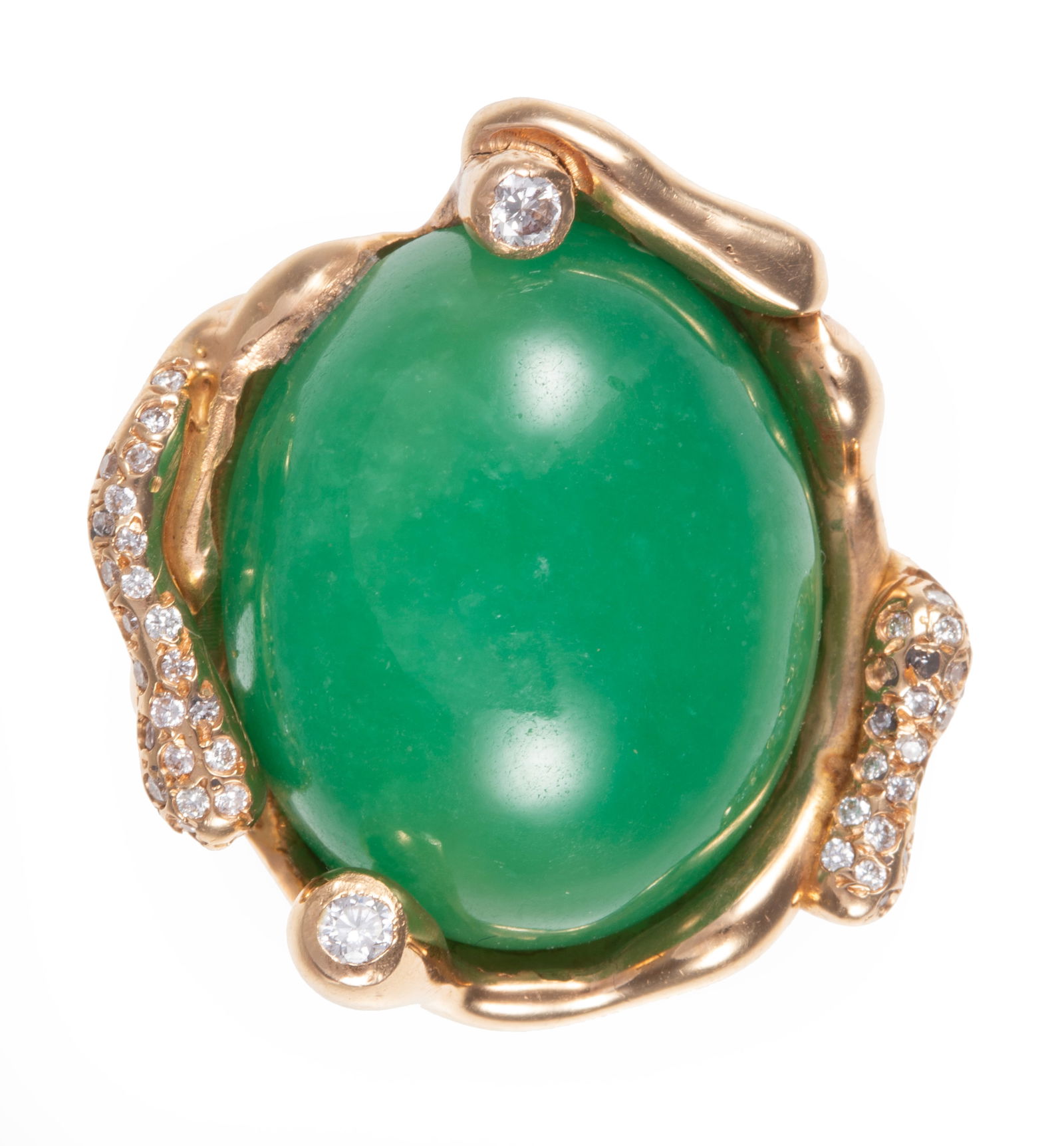 Brutalist 18 kt. Yellow Gold, Cabochon Jade and Diamond Ring (1 of 7)