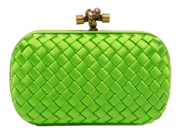 Bottega Veneta Green Satin Intrecciato Knot Clutch