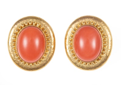 Pair of Elizabeth Locke 18 kt. Yellow Gold and Cabochon Coral Earrings