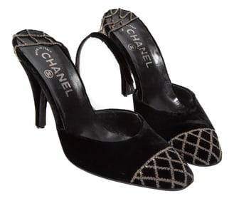 Pair of Chanel Black Velvet and Chain Heels