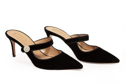 Pair of Aquazzura Velvet Astor Crystal Strap Mules