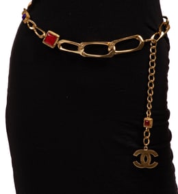 Vintage Chanel Gold-Tone Metal Chain and Gripoix Glass Stone Belt