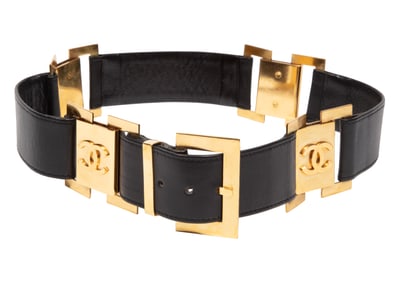 Vintage Chanel Black Leather and Gold-Tone Metal Logo Belt
