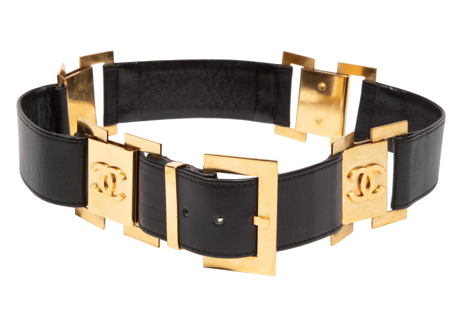 Vintage Chanel Black Leather and Gold-Tone Metal Logo Belt: Vintage Chanel Black Leather and Gold-Tone Metal Logo Beltlabeled "85/34", made in France, l. 34 1/2 in.