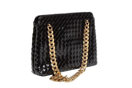 Vintage Bottega Veneta Intrecciato Black Patent Leather Shoulder Bag