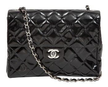 Vintage Chanel Black Patent Leather Quilted Double Flap Bag