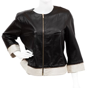 St. John Black Leather Jacket with White Trim