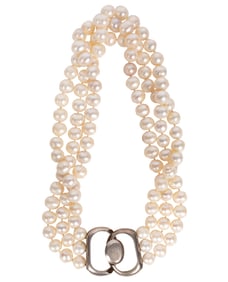 Triple Strand Baroque Freshwater Pearl Necklace with Sterling Silver Clasp