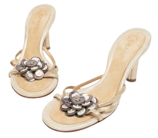 Pair of Vintage Chanel Leather Heeled Sandals with Shell Camelia Detail