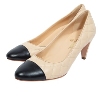 Pair of Chanel Quilted Beige Leather Heels with Gold-Tone Logo