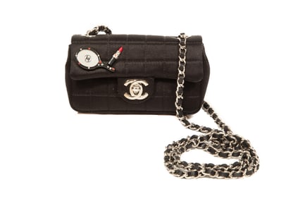 Vintage Chanel Quilted Chocolate Bar Black Satin 'Lipstick and Mirror' Micro Flap Bag