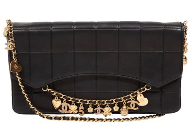 Chanel Black Lambskin Chocolate Bar Flap Bag with Lucky Charms Chain