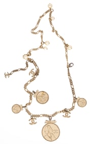 Vintage Chanel Chain Necklace with Coins and Faux Pearls
