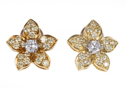 Pair of 18 kt. Yellow Gold and Diamond Flower Earrings