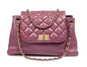 Vintage Chanel Accordion Mademoiselle Flap Handbag in Burgundy Purple Quilted Calfskin Leather