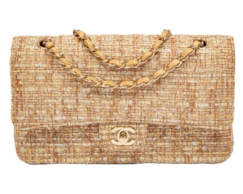 Chanel Neutral Tweed Classic Medium Double Flap Handbag
