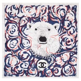 Chanel "Polar Bear" Silk Scarf with Original Box