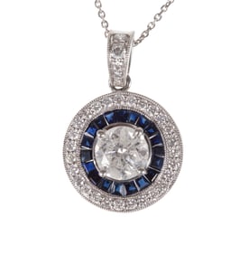 Platinum, Blue Sapphire and Diamond Bullseye Pendant on Chain