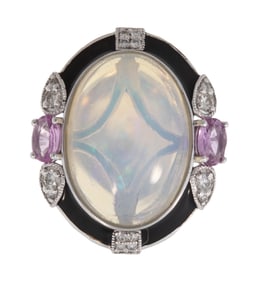 Platinum, Opal, Pink Sapphire, Diamond and Enamel Ring