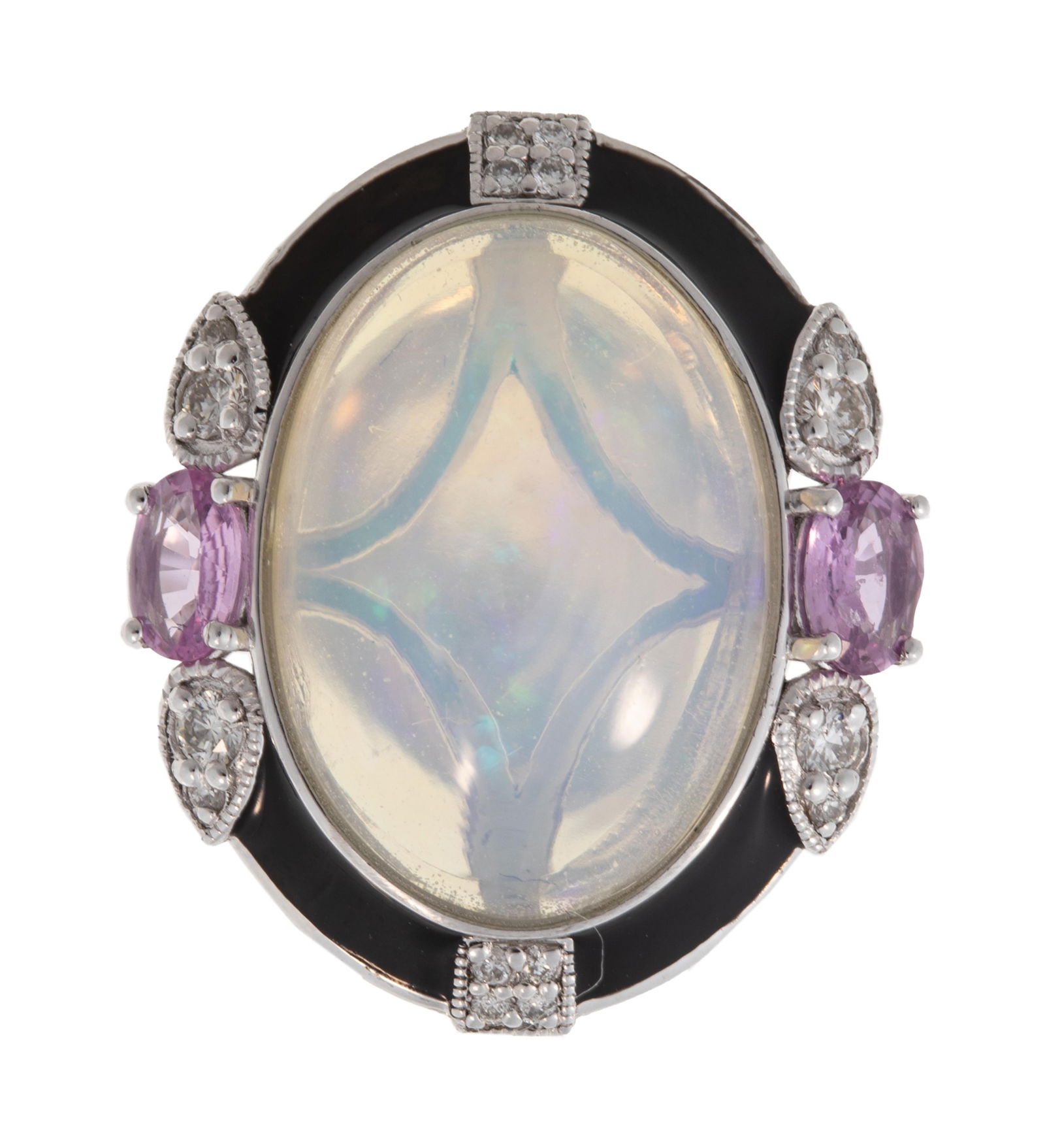 Platinum, Opal, Pink Sapphire, Diamond and Enamel Ring (1 of 4)