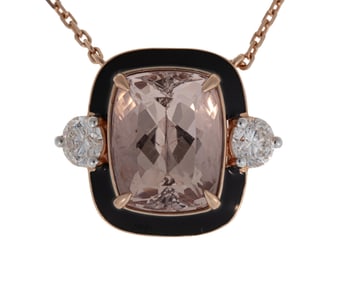 14 kt. Two Tone Gold, Morganite, Diamond and Enamel Pendant on Chain