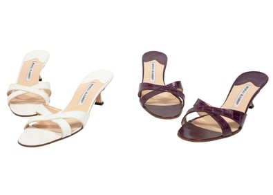 Two Pairs of Vintage Manolo Blahnik Callamu 50MM Leather Mules