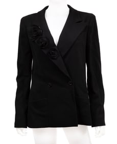 Vintage Chanel Black Wool Double Breasted Camelia Blazer, Cruise 2003