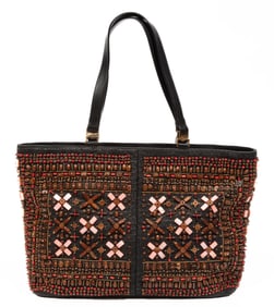 Oscar de la Renta Bead Embellished Black Raffia Tote Bag