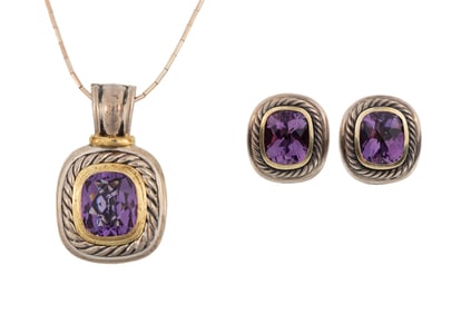 David Yurman Sterling Silver and Amethyst Pendant on Chain and Earrings