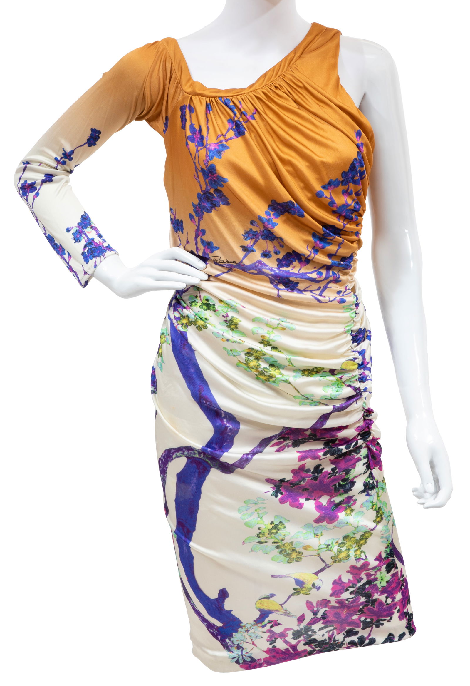 Vintage Roberto Cavalli Jersey Dress and Leather Jacket: Vintage Roberto Cavalli Jersey Dress and Leather Jacketlabeled, made in Italy, incl. asymmetric jersey floral dress, size 6 (new with tags); and bronze ombre leather jacket, size 48.Provenance: Stanle