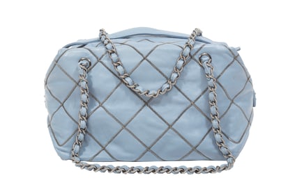 Vintage Chanel Quilted Chain Stitch Bowler Bag in Blue Calfskin Leather