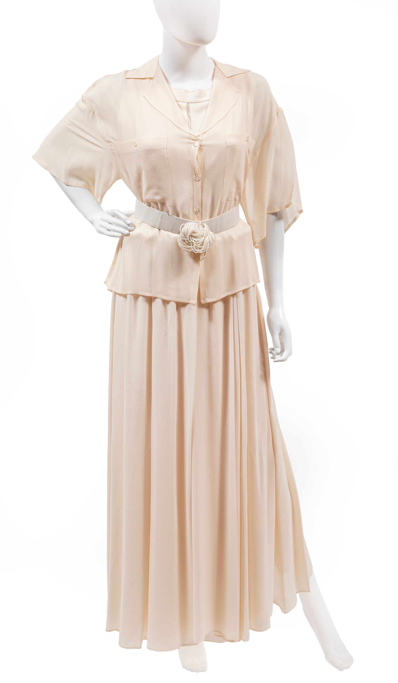 Vintage Chloe Silk Belted Dress Ensemble: Vintage Chloe Silk Belted Dress Ensemblelabeled, incl. seed pearl belt, size 38, l. 29 1/2 in.; dress, lacking size label, chest w. 18 in., l. 58 in.; and shirt, chest w. 22 in., l. 23 in., sleeve l.