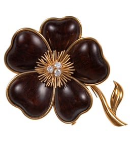 Van Cleef & Arpels 18 kt Yellow Gold, Bois D'Amourette and Diamond "Cl?matite" Flower Clip Brooch