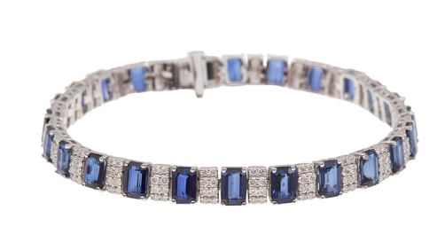 Platinum, Blue Sapphire and Diamond Line Bracelet