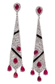 Art Deco Style Platinum, Burmese Ruby, Diamond, and Enamel Dangle Earrings