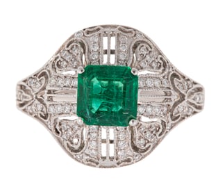 Art Deco Style 18 kt. White Gold, Emerald and Diamond Ring