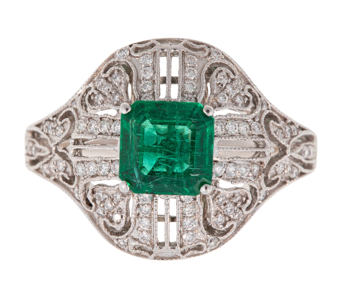 Art Deco Style 18 kt. White Gold, Emerald and Diamond Ring (1 of 5)