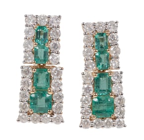 Art Deco Style 14 kt. Two Tone Gold, Emerald and Diamond Dangle Earrings