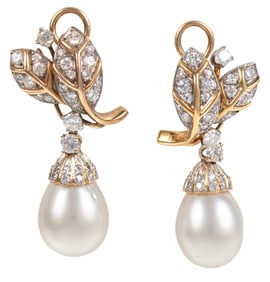 Pair of 14 kt. Yellow Gold and Diamond Earrings with Convertible Pearl Drops
