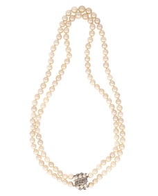 Double Strand Pearl Necklace with 14 kt. White Gold and Diamond Clasp