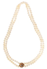 Double Strand Pearl Necklace with 14 kt. Yellow Gold, Sapphire and Diamond Clasp