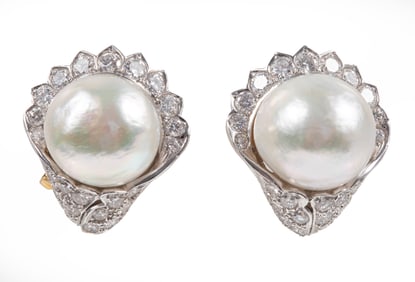 Pair of Platinum, 18 kt. Yellow Gold, Mabe Pearl and Diamond Earrings