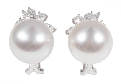 Pair of 18 kt. White Gold, Pearl and Diamond Earrings