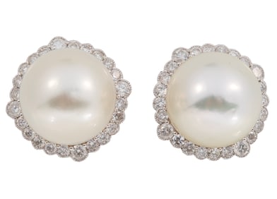 14 kt. White Gold, Culture South Sea Pearl and Diamond Earrings