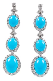 Pair of 18 kt. White Gold, Persian Turquoise and Diamond Dangle Earrings