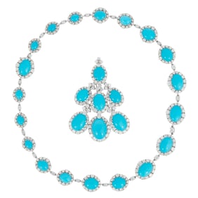 18 kt. White Gold, Persian Turquoise and Diamond Necklace with Removable Pendant Brooch