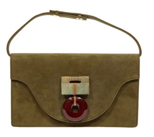 Oscar de la Renta Green Suede Clutch Handbag with 'Jade'/Hardstone Accents
