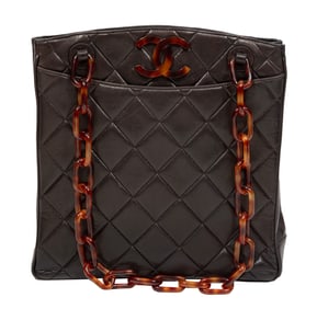 Vintage Chanel Quilted Brown Lambskin Tote with Tortoiseshell Resin Chain