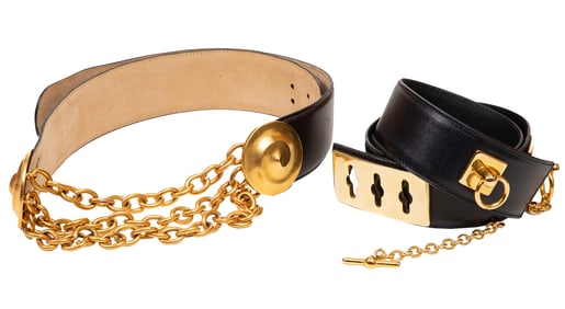Two Vintage Gold-Tone Metal and Black Leather Belts